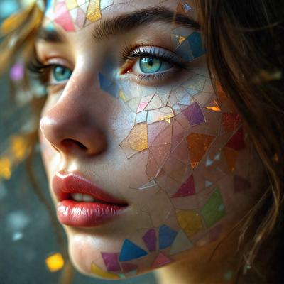 The primary subject of the image is a woman with a unique and artistic appearance. She has a face painted with a combination of different colors, including blue, yellow, and pink. The setting is a room with a backdrop of a wall, and the visual style is a close-up of the woman's face. The colors and mood of the image are vibrant and creative, showcasing the woman's individuality and artistic expression.